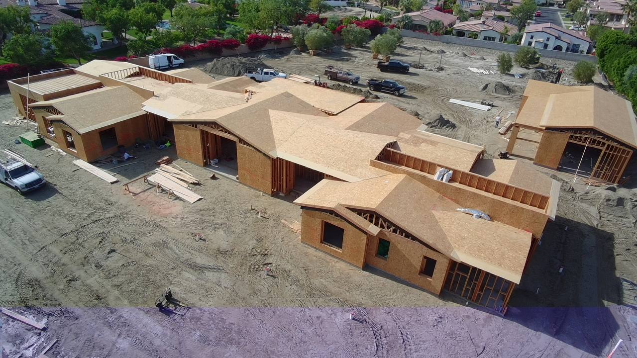 Aerial view of main residence framing — South La Quinta new construction