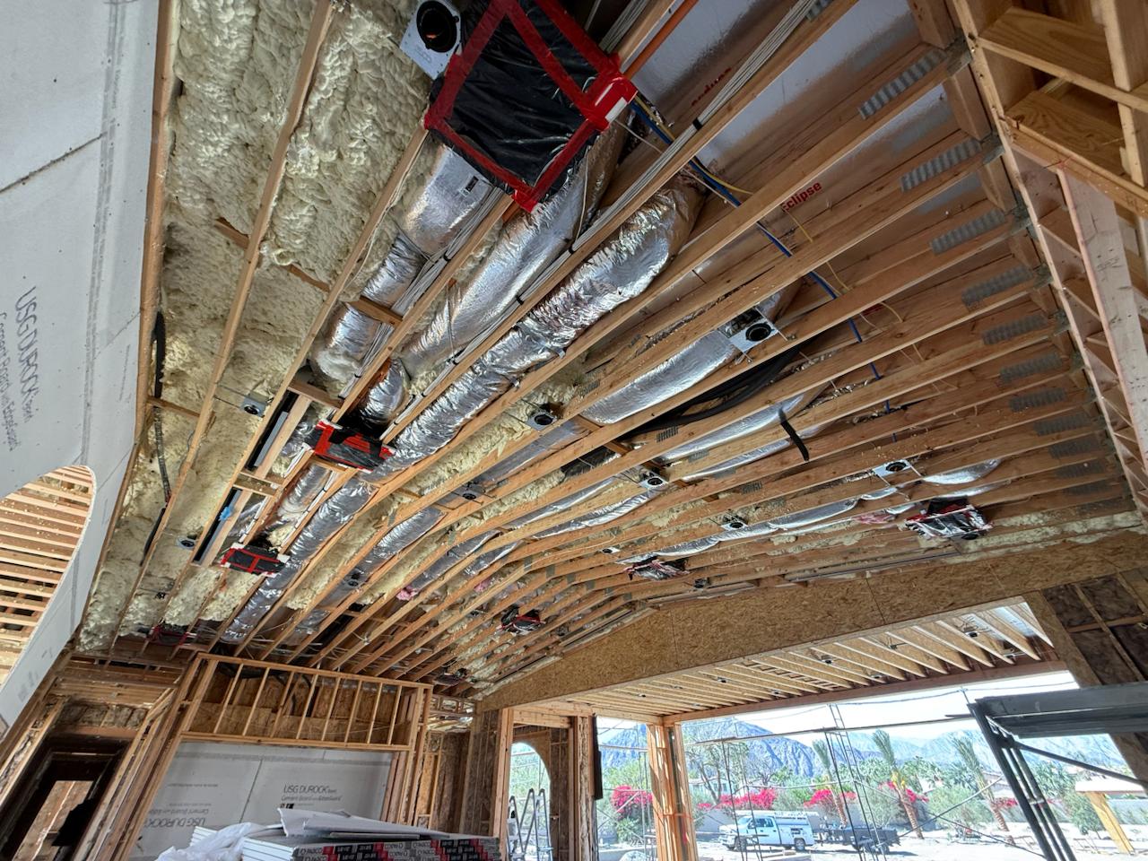 Main house ceiling ductwork rough-in — vaulted ceiling with full duct layout and linear slot register rough-in