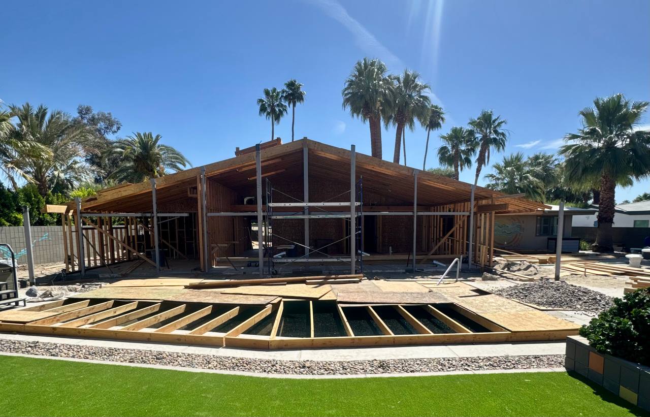 Palm Springs mid-century remodel — great room vaulted ceiling framing